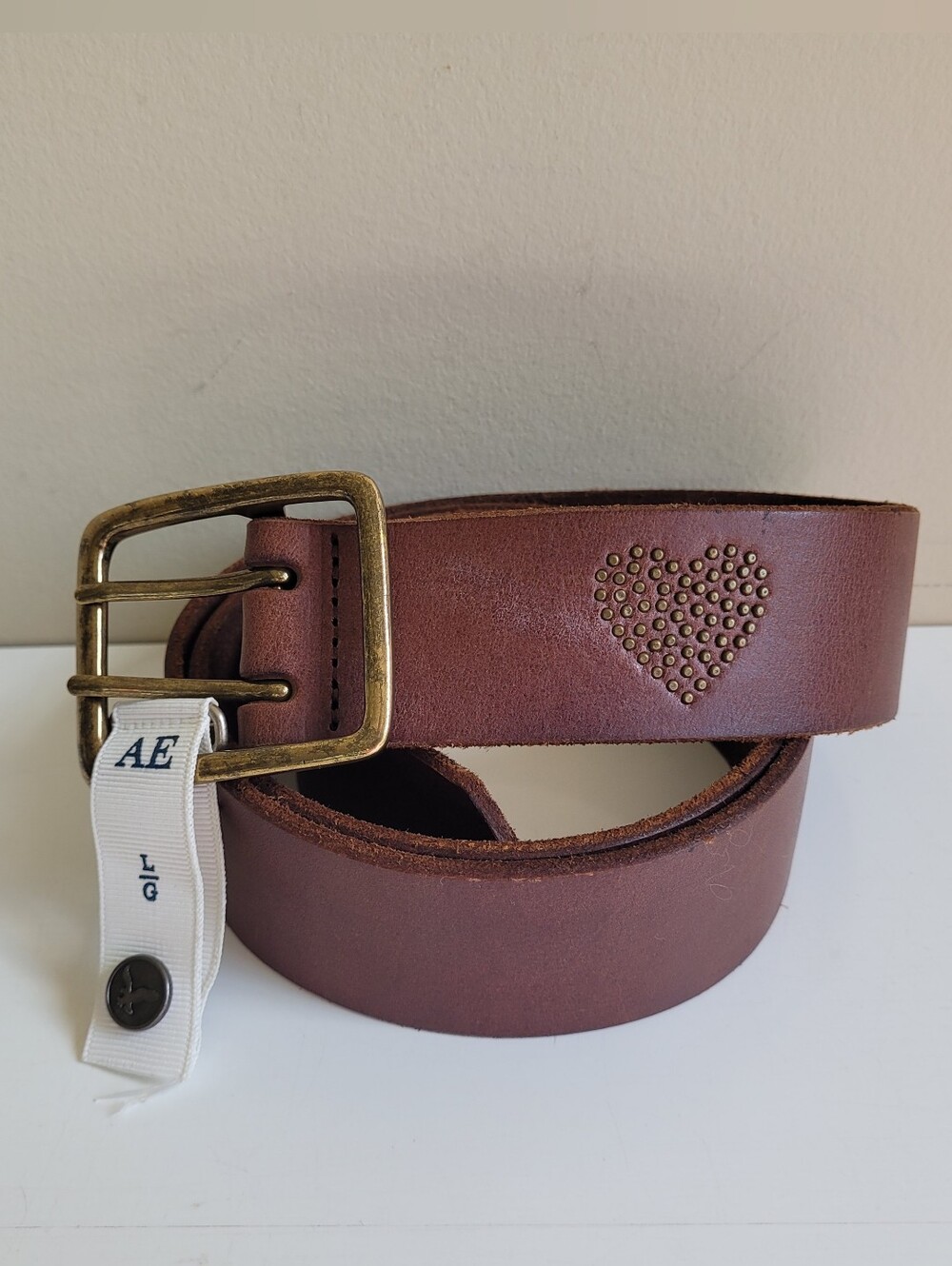 NWT AE Brown Leather Belt with Brass Buckle & Studded Heart Womens Large
